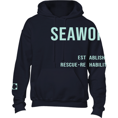 Seaworld Rescue Navy Mint Adult Pull Over Hood Fleece front