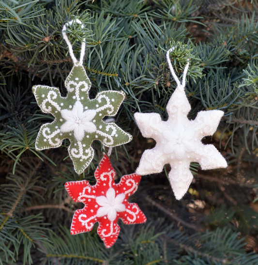 Set of 3 Hand Sewn and Embroidered Snowflake ornaments, Fair Trade, Peru