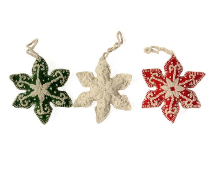 Set of 3 Hand Sewn and Embroidered Snowflake ornaments, Fair Trade, Peru