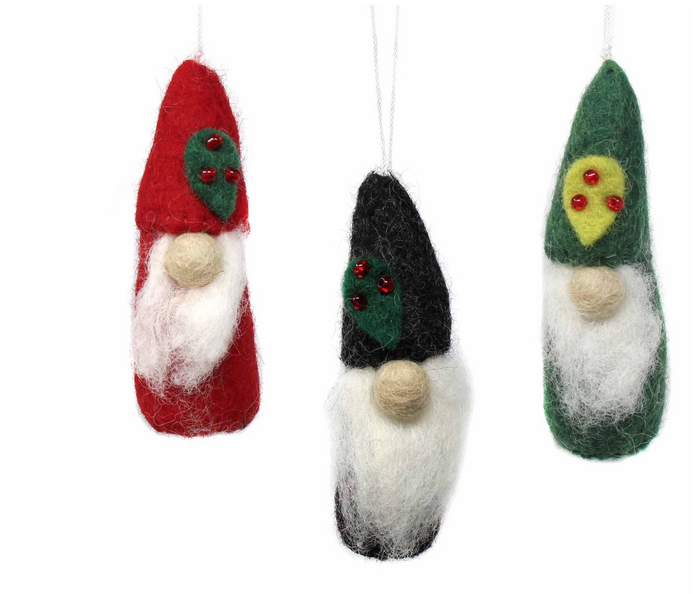 Set of 3 Handmade Christmas Gnome Felt Ornaments, Fair Trade, Nepal