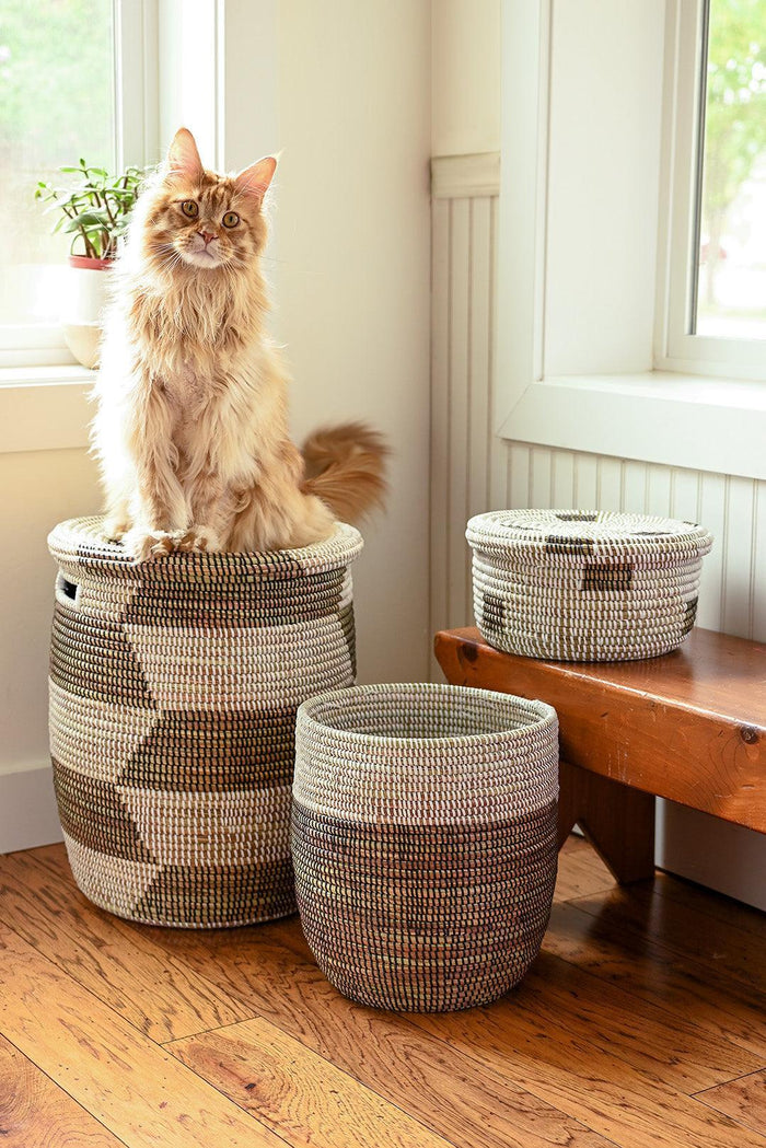 Set of 3 Large Handwoven Brown & White Mixed Storage Baskets, Fairtrade from Senegal