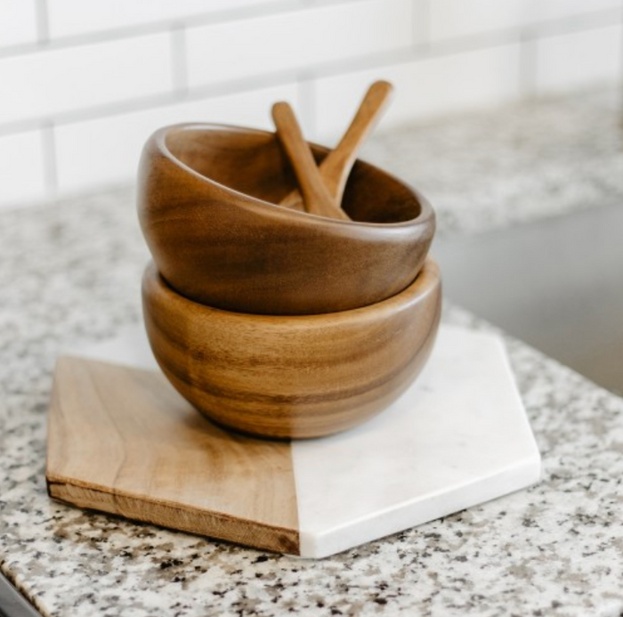 Set of 4- Acacia Wood 6" "Smoothie" Bowl & Spoon- Fair Trade and Sustainably Harvested - Give Back Goods