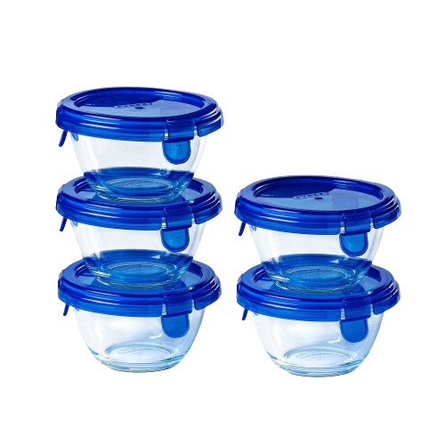Set of 5 glass baby storage jars with waterproof navy blue purple lid - My First Pyrex+