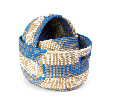 Set of Three Handwoven Blue & Natural Nesting Baskets, Fair Trade - Give Back Goods