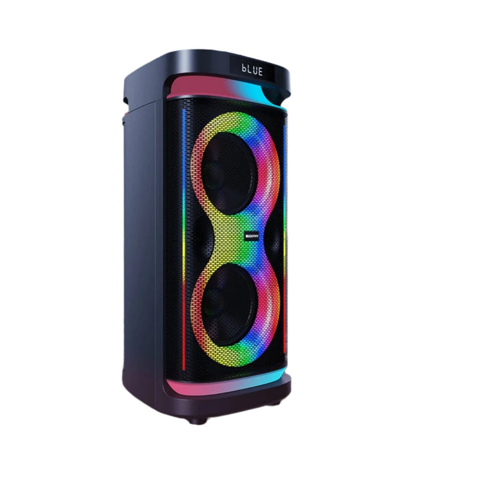 Colorful speaker with RGB lighting on a wooden surface at sunset