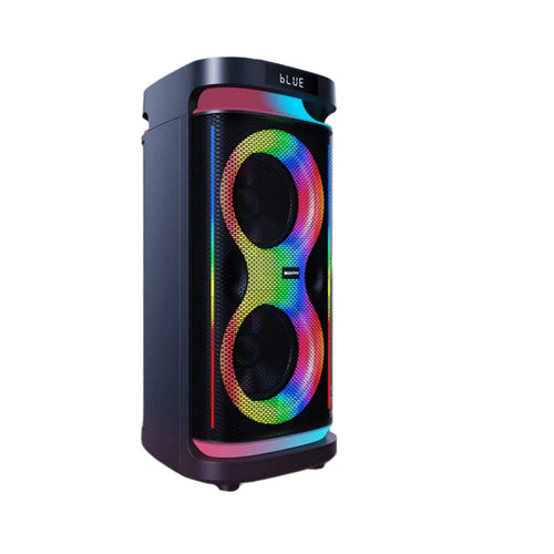 Colorful speaker with RGB lighting on a wooden surface at sunset