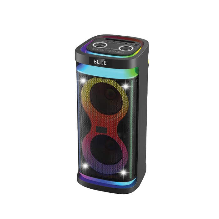 Colorful portable speaker with 'blu' branding on a white background