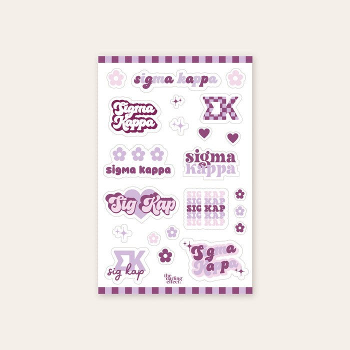 Show your Sigma Kappa pride with The Darling Effect's Sigma Kappa Sticker Sheet, featuring "Sigma Kappa," "sig kap," Greek letters ΣΚ, plus purple and pink flowers, hearts, and a striped border—perfect for any sister.