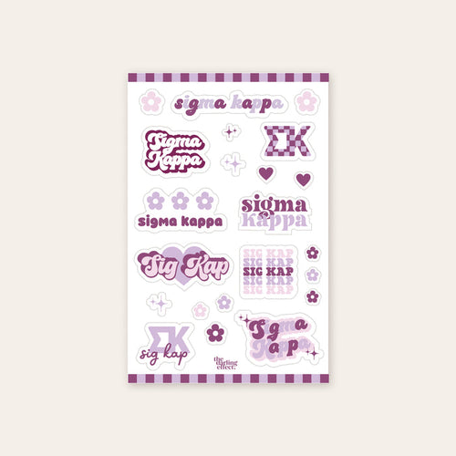 Show your Sigma Kappa pride with The Darling Effect's Sigma Kappa Sticker Sheet, featuring "Sigma Kappa," "sig kap," Greek letters ΣΚ, plus purple and pink flowers, hearts, and a striped border—perfect for any sister.