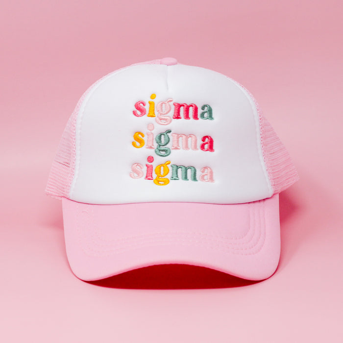The Darling Effect’s Sigma Sigma Sigma Pink Trucker Hat features "sigma" embroidered three times in colorful letters on a solid pink and white design—an ideal, unique Sorority gift.