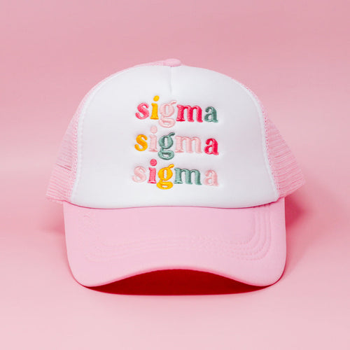 The Darling Effect’s Sigma Sigma Sigma Pink Trucker Hat features "sigma" embroidered three times in colorful letters on a solid pink and white design—an ideal, unique Sorority gift.