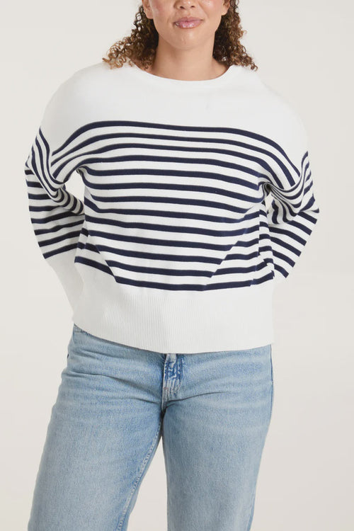 Striped Round Neck Knit Jumper - Navy/Ivory