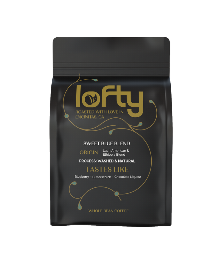 Front view of Lofty Sweet Blue Blend coffee bag