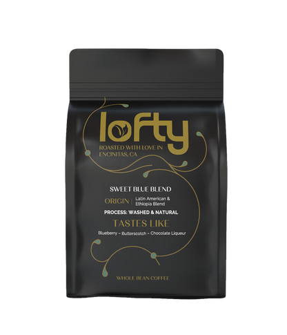 Front view of Lofty Sweet Blue Blend coffee bag