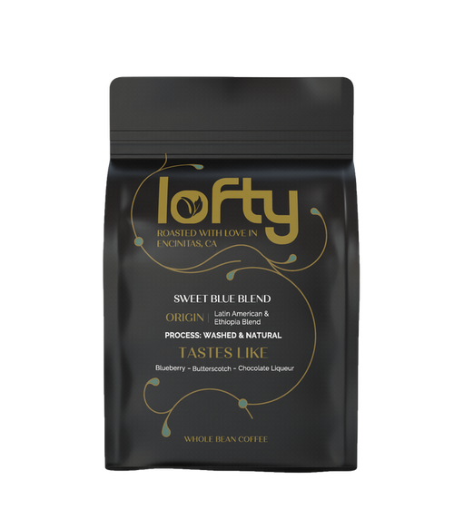 Front view of Lofty Sweet Blue Blend coffee bag