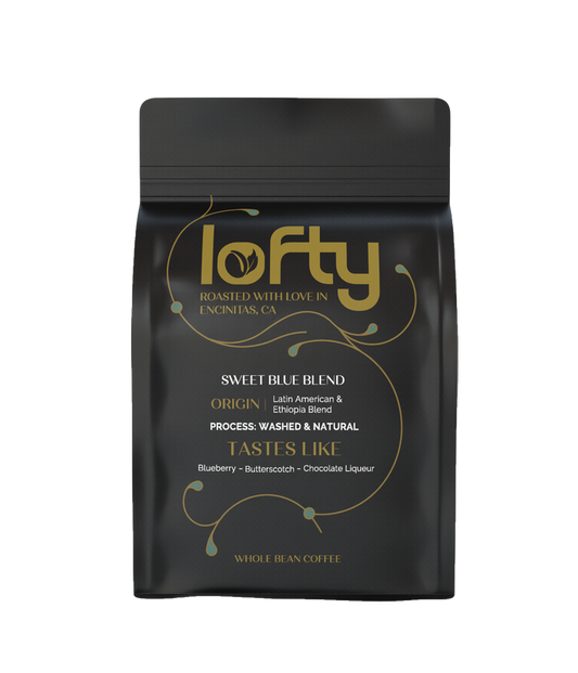 Front view of Lofty Sweet Blue Blend coffee bag