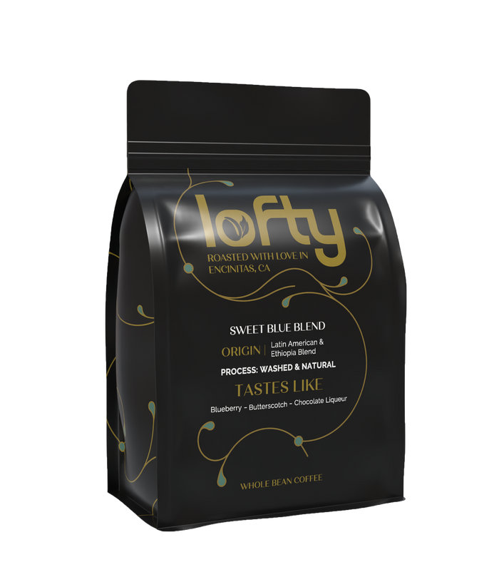 Side view of Lofty Sweet Blue Blend coffee bag
