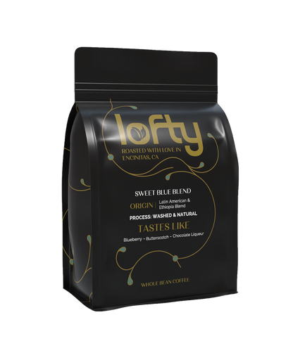 Side view of Lofty Sweet Blue Blend coffee bag