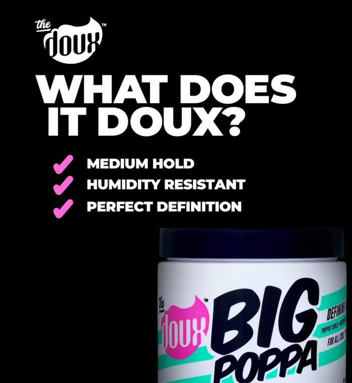 Promotional graphic for The Doux Big Poppa dehydrated pet food. The top half features a black background with white text reading 'WHAT DOES IT DOUX?' and pink checkmarks listing 'MEDIUM HOLD', 'HUMIDITY RESISTANT', and 'PERFECT DEFINITION'.