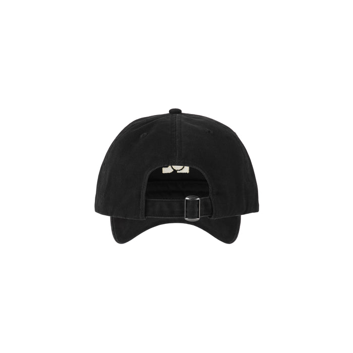 Back view of the LOC Cap in washed black cotton with adjustable strap