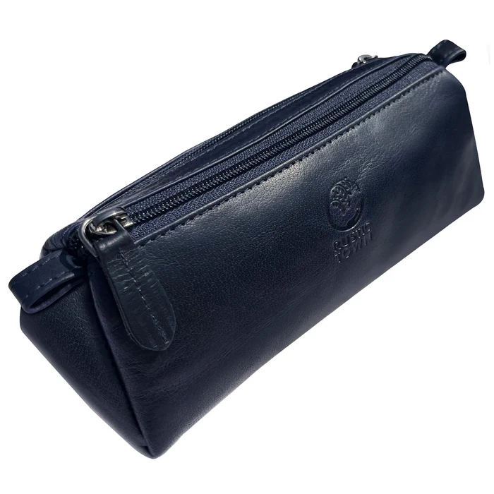 Tom Leather Pencil Case - Zippered Pen Pouch (Blue)