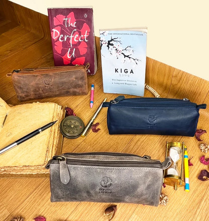 Tom Leather Pencil Case - Zippered Pen Pouch (Blue)