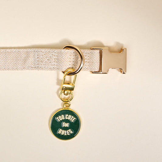 The Darling Effect's Too Cute for Rules Pawfect Collar Charm is a round green tag with white text—perfect for adding charm to your pet’s style and elevating any collar with fun accessories.