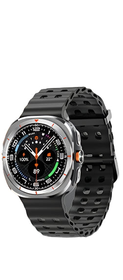 Smartwatch with black strap on a reflective surface, with 'smart watch' text above.