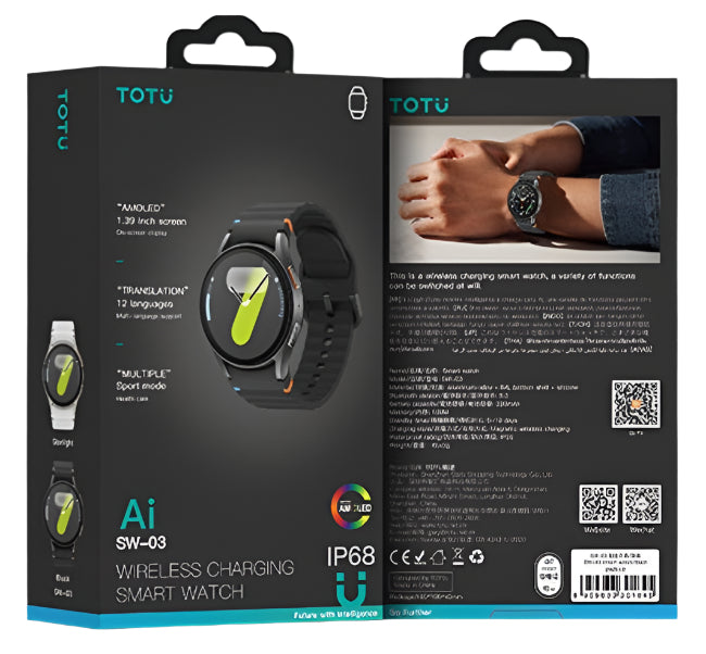 TOTU smart watch packaging with front and back views on a gray background