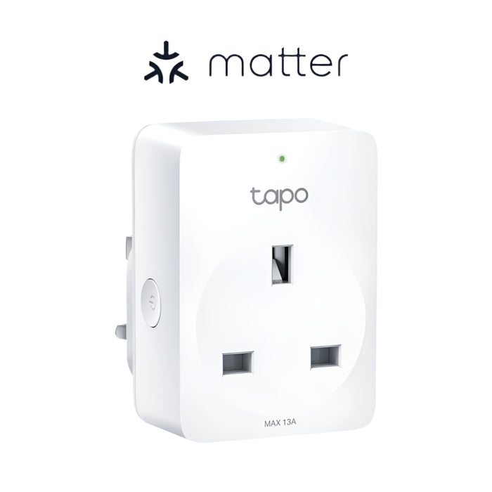 Tp-Link-Mini Smart Wi-Fi Plug in white color with the Matter logo, featuring a British plug point and a button for operation.