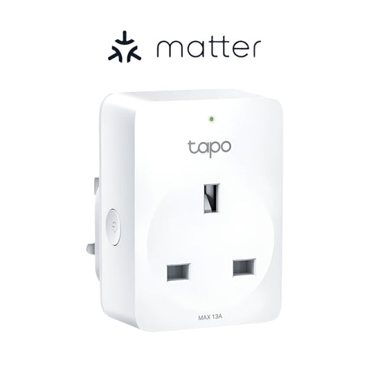 Tp-Link-Mini Smart Wi-Fi Plug in white color with the Matter logo, featuring a British plug point and a button for operation.