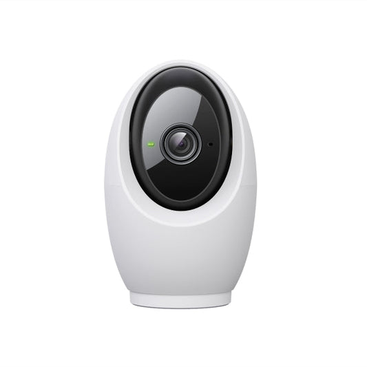 White security camera with black lens on a white background