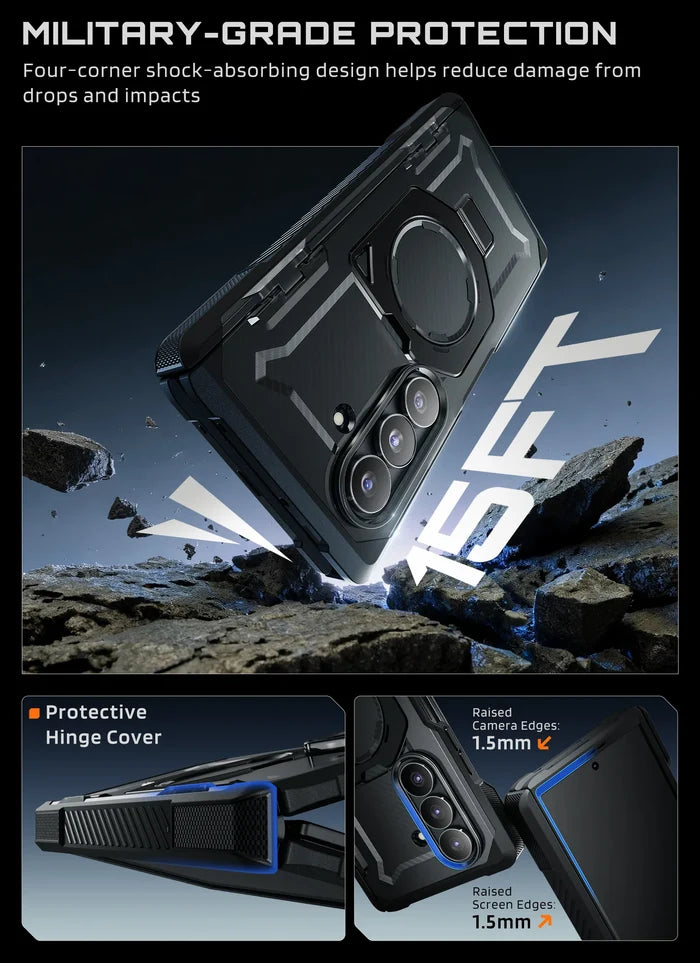 Rugged phone case with military-grade protection features on a rocky background