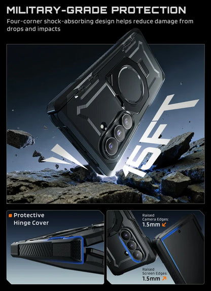 Rugged phone case with military-grade protection features on a rocky background