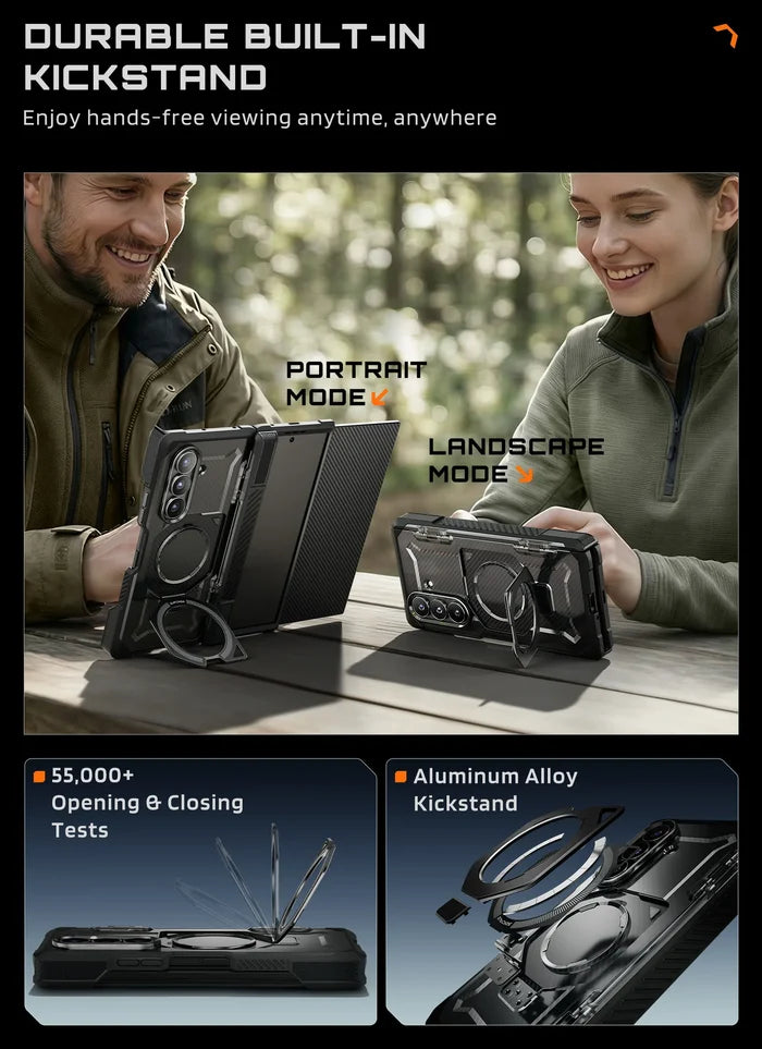 Tablet case with built-in kickstand features shown on a scenic background