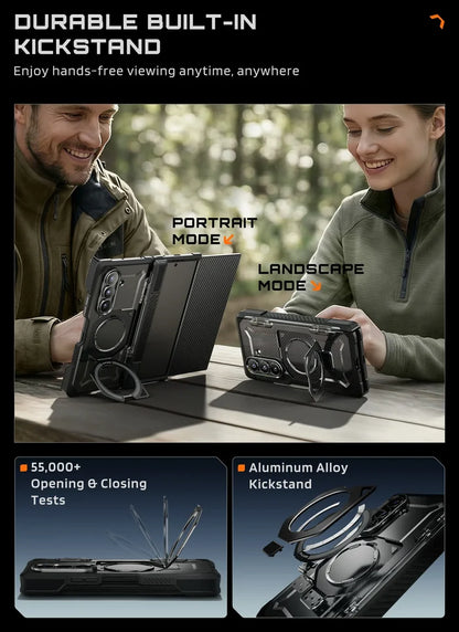 Tablet case with built-in kickstand features shown on a scenic background