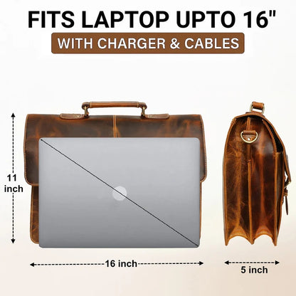 Wayne Premium 16" Leather Satchel Office Laptop Bag (Antique Brown)