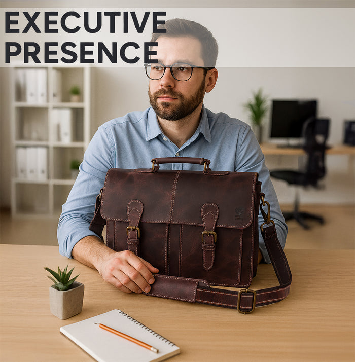 Wayne Premium 16" Leather Satchel Office Laptop Bag (Walnut Brown)