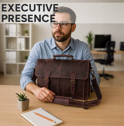 Wayne Premium 16" Leather Satchel Office Laptop Bag (Walnut Brown)