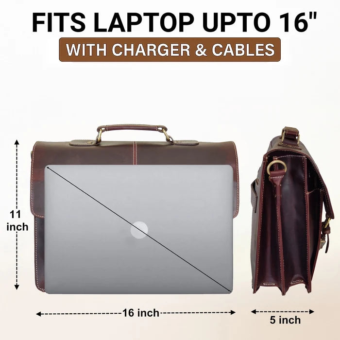 Wayne Premium 16" Leather Satchel Office Laptop Bag (Walnut Brown)
