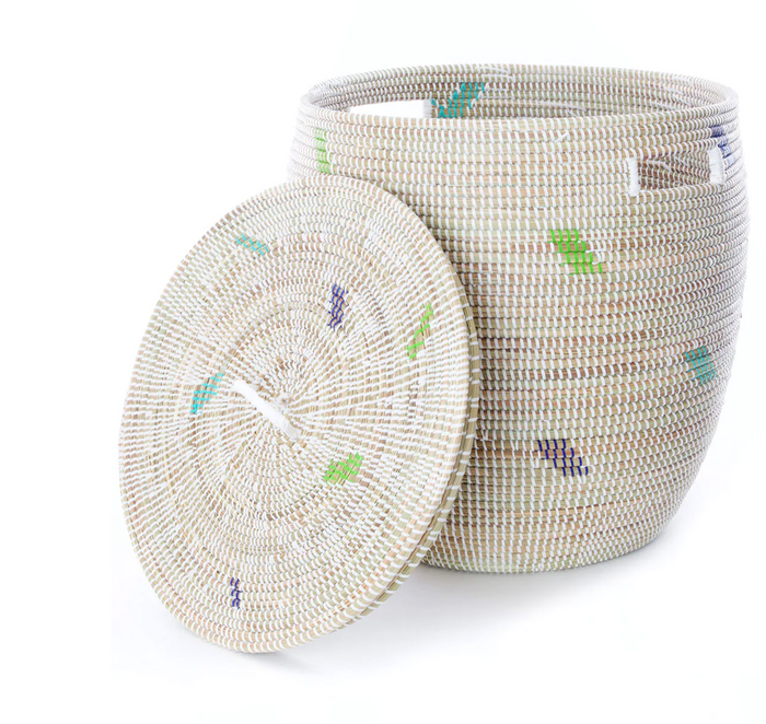 White with Green & Blue Dashes Hamper Storage Basket, Senegal, Handwoven, Fair Trade