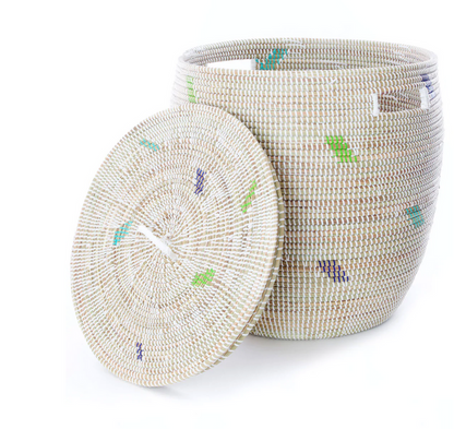 White with Green & Blue Dashes Hamper Storage Basket, Senegal, Handwoven, Fair Trade