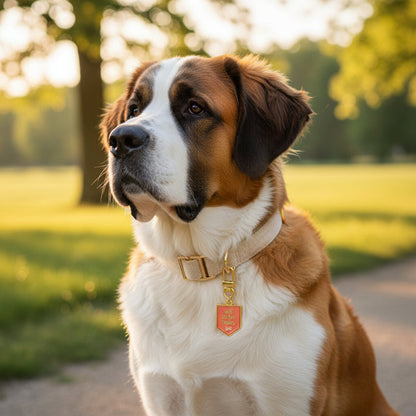 A Saint Bernard wears The Darling Effect's Will Sit for Treats Pawfect Collar Charm, adding a stylish touch as the dog sits on a sunlit park path surrounded by green grass and trees.