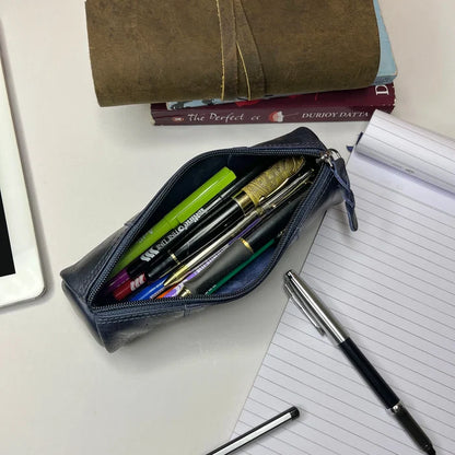 Winnie Leather Zipper Pen Pencil Case (Blue)