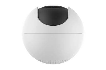 White spherical device with black top on a white background