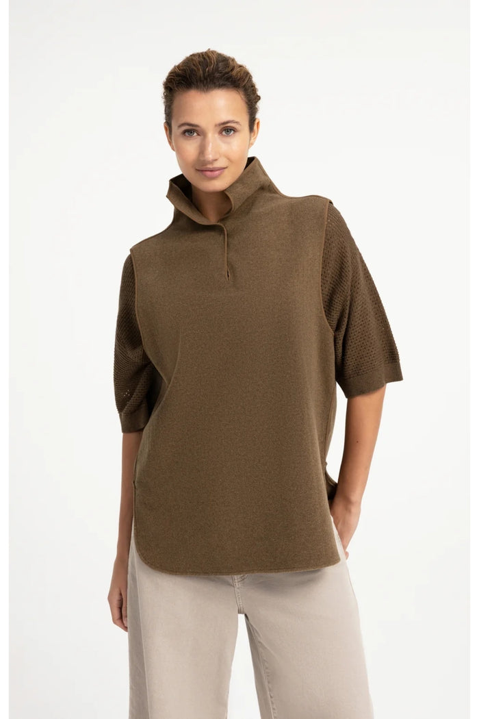 Model wearing YAYA 02-021008-608 Wool Blend Body Warmer with Stand-up Collar Teak Brown, shop YAYA at Dotique.