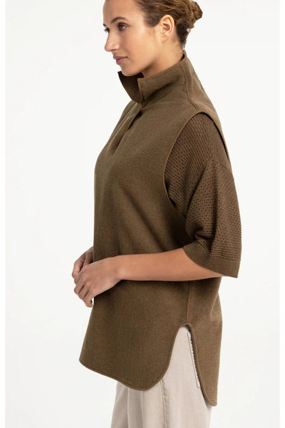 Side view of a woman wearing YAYA 02-021008-608 Wool Blend Body Warmer with Stand-up Collar Teak Brown, shop YAYA at Dotique.