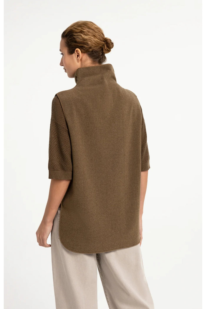Woman wearing YAYA 02-021008-608 Wool Blend Body Warmer with Stand-up Collar Teak Brown, shop YAYA at Dotique