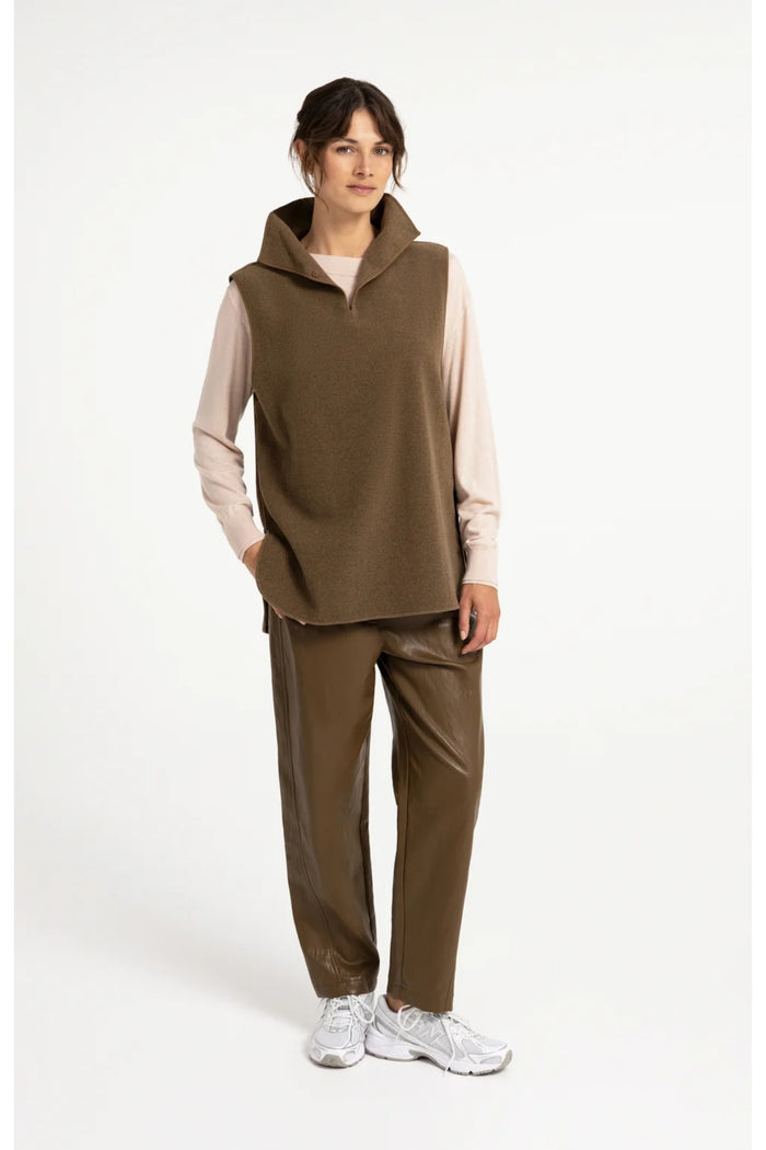 Woman wearing YAYA 02-021008-608 Wool Blend Body Warmer with Stand-up Collar Teak Brown, shop YAYA at Dotique