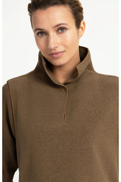Close-up of a woman wearing YAYA 02-021008-608 Wool Blend Body Warmer with Stand-up Collar Teak Brown by YAYA, shop Dotique